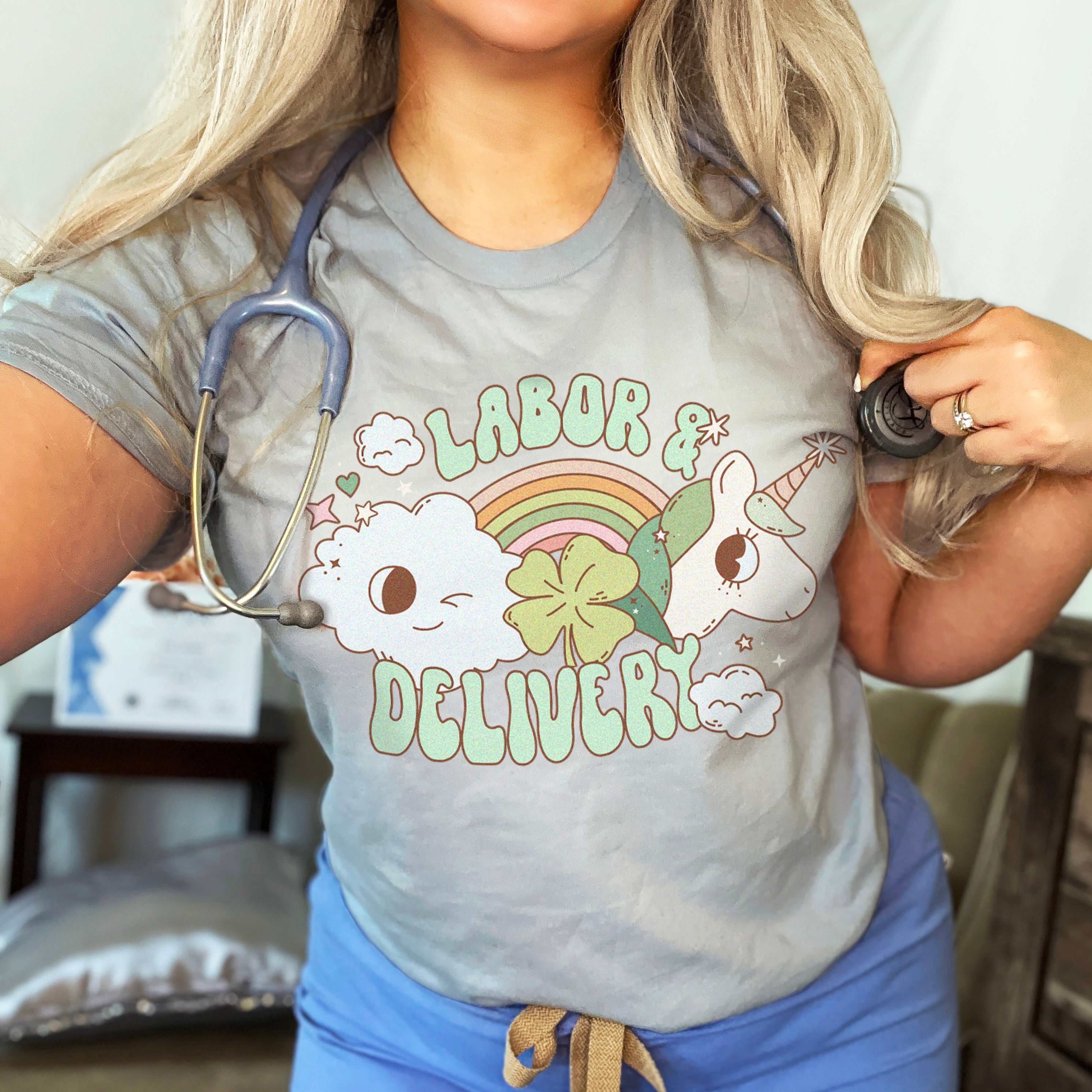 labordeliverystpatrickunicornblue Groovy L&D Nurse St Patrick's Day T-Shirt - Image 1